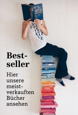 Junge Frau sitzt auf einem Bücherstapel und liest ein Buch. Link zu unseren aktuellen Bestsellern.